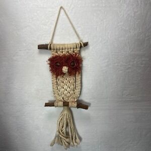 VTG 70s Boho Macrame Jute Owl Wood Wall Hanging Woven Driftwood Rustic Farmhouse